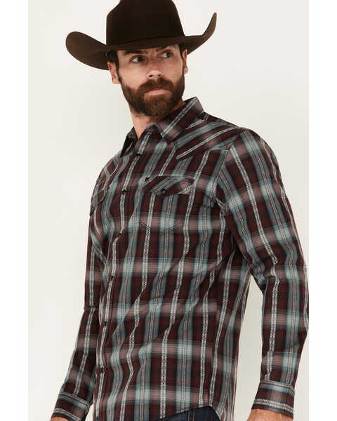 Image #2 - Moonshine Spirit Men's Lone Horn Plaid Print Long Sleeve Snap Western Shirt, Burgundy, hi-res