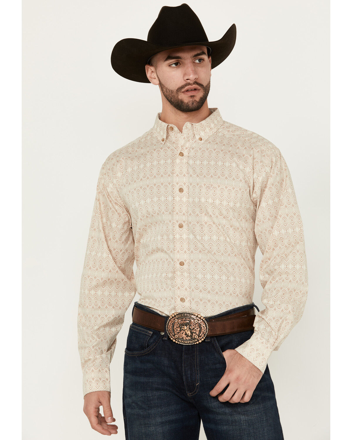 Image #1 - Ariat Men's 360 Airflow Geo Print Long Sleeve Button-Down Western Shirt, Beige, hi-res