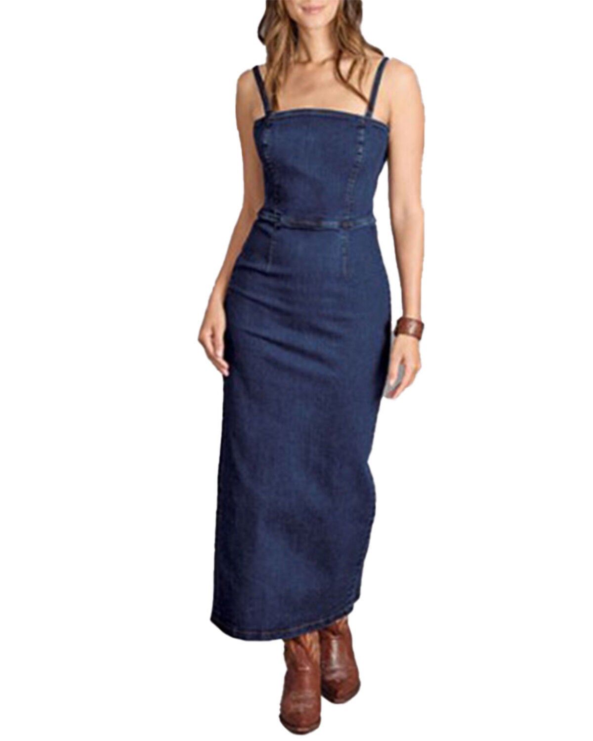 Stetson Women's Dark Wash Fitted Sleeveless Denim Midi Dress, Dark Wash, hi-res