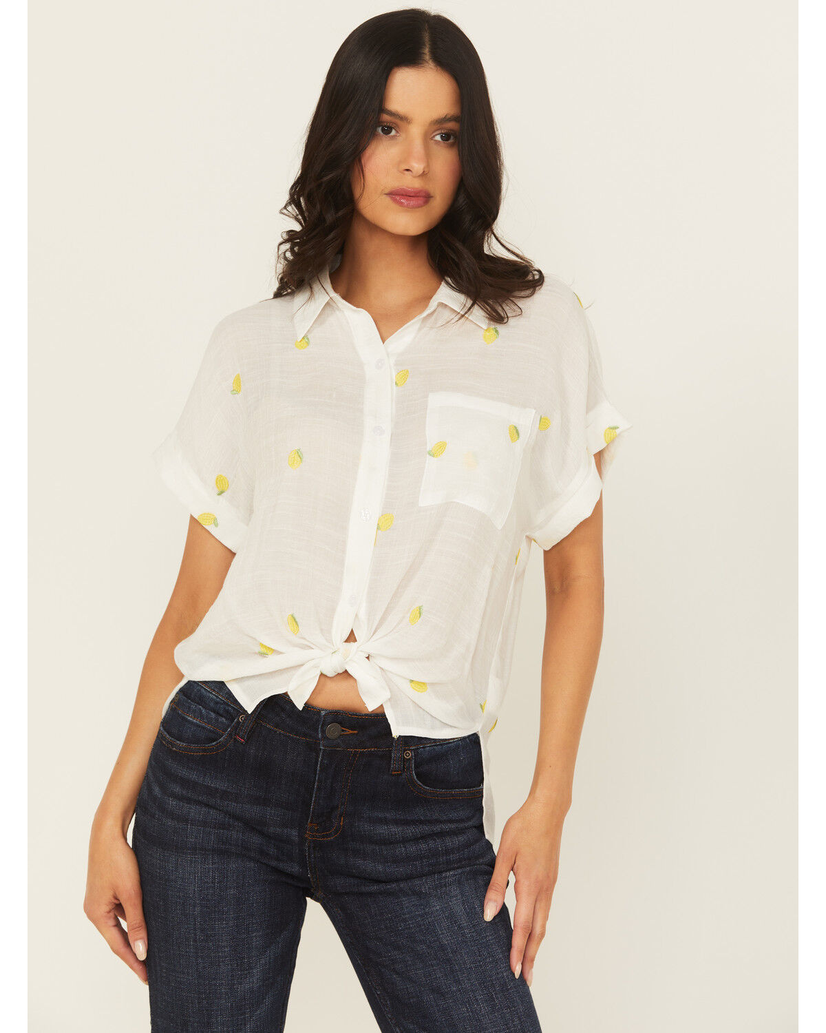 Image #1 - June & Hudson Women's Lemon Embroidered Short Sleeve Tie-Front Top, White, hi-res