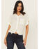 Image #1 - June & Hudson Women's Lemon Embroidered Short Sleeve Tie-Front Top, White, hi-res