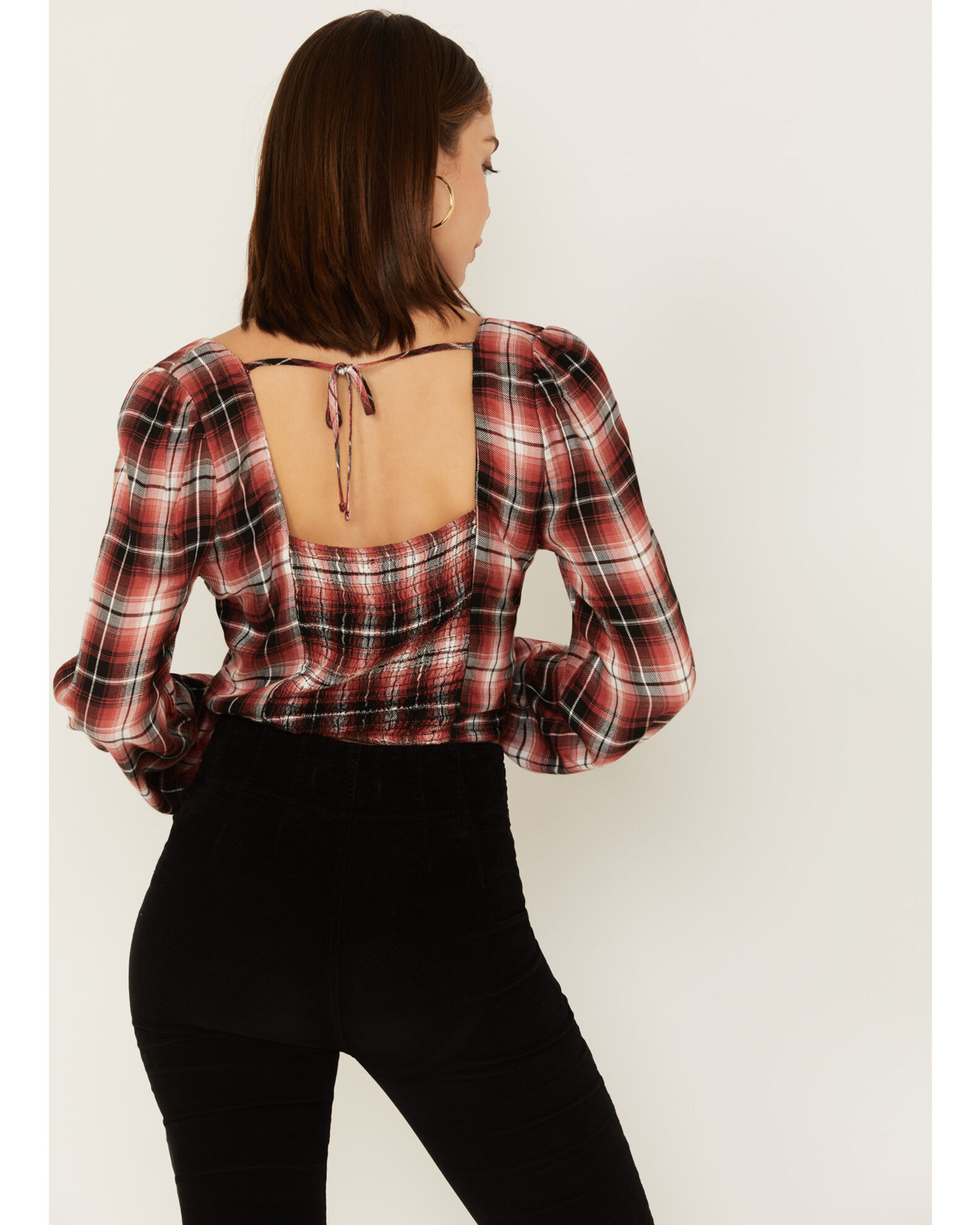 Image #4 - Wild Moss Women's Plaid Print Ruffle Tie Front Crop Top, Brown, hi-res