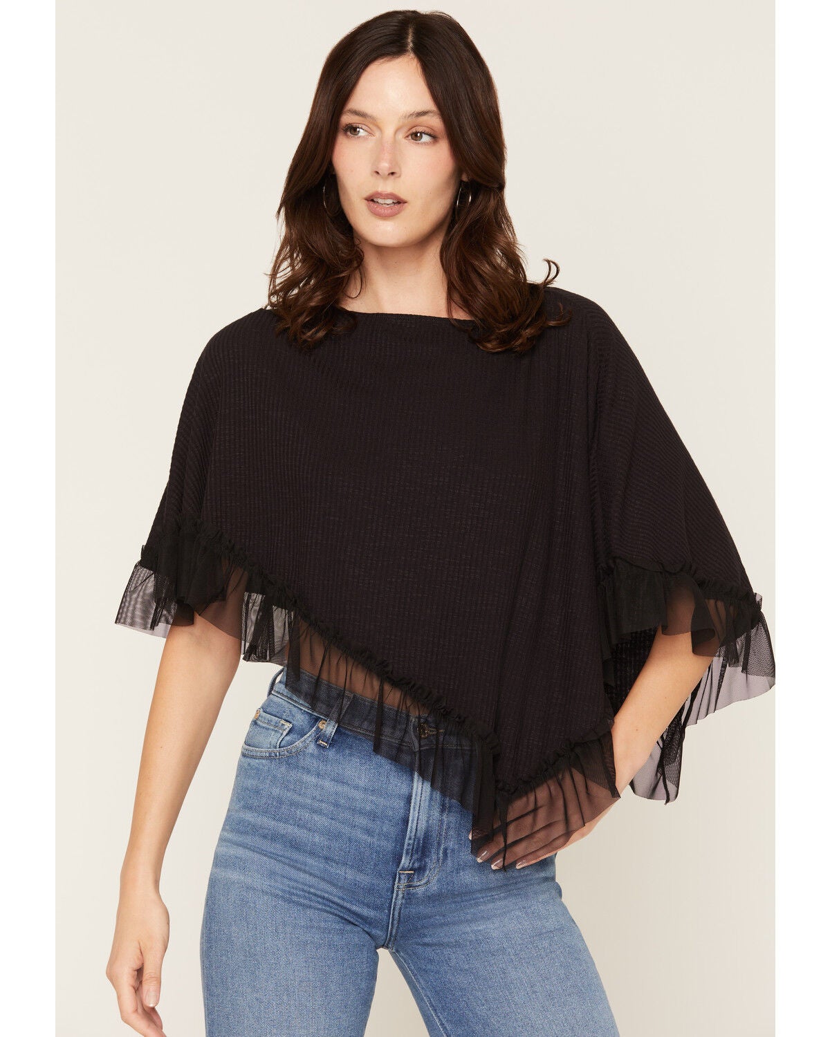 Wild Moss Women's Ruffle Trim Poncho, Black, hi-res