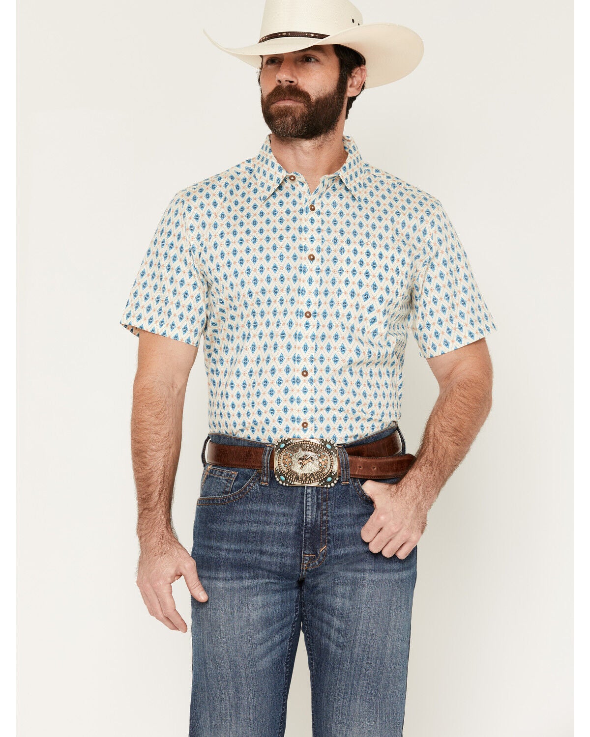 Gibson Trading Co Men's Sierra Diamond Geo Print Short Sleeve Button-Down Western Shirt, Ivory, hi-res