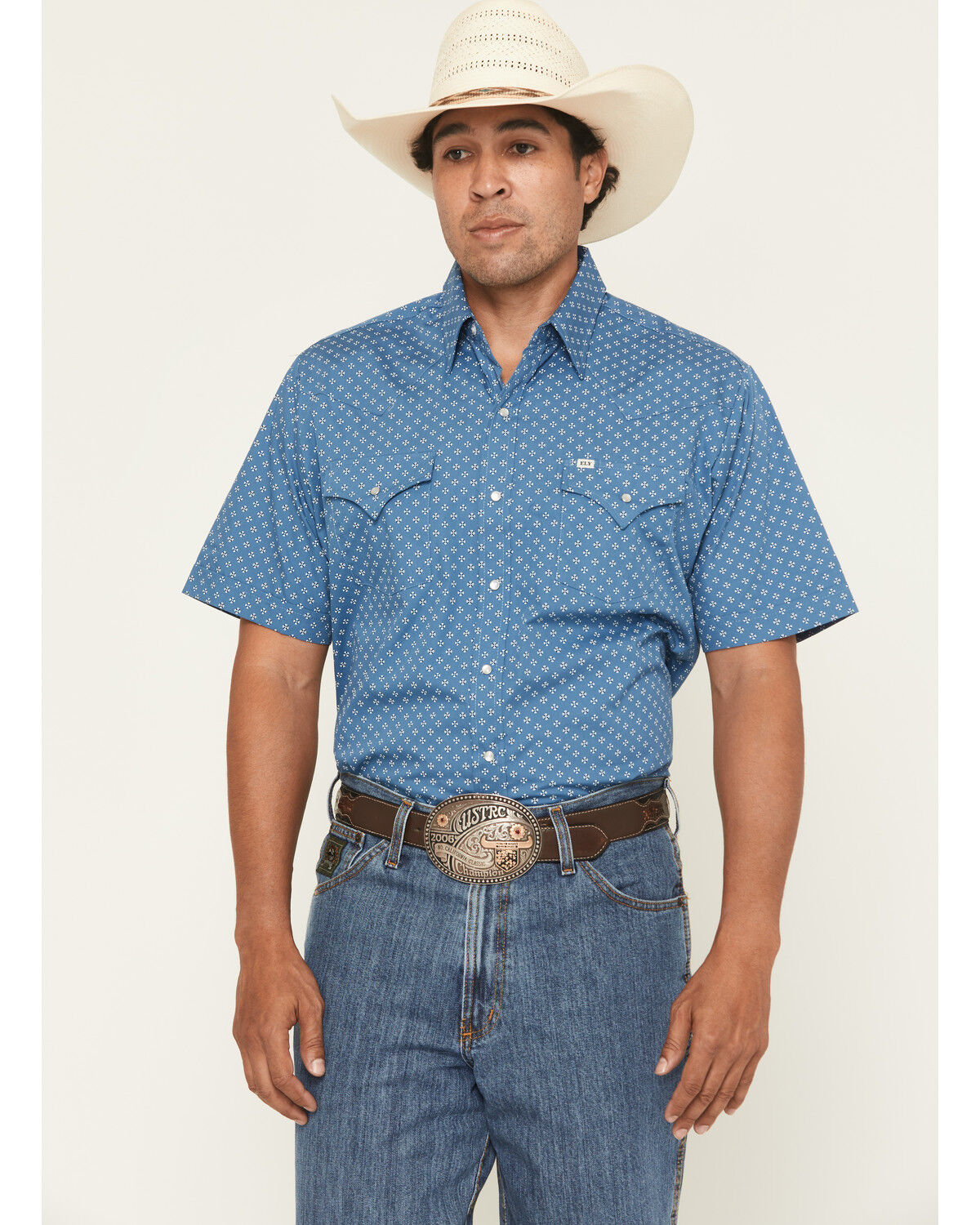 Image #1 - Ely Walker Men's Bandana Print Short Sleeve Pearl Snap Western Shirt, Blue, hi-res