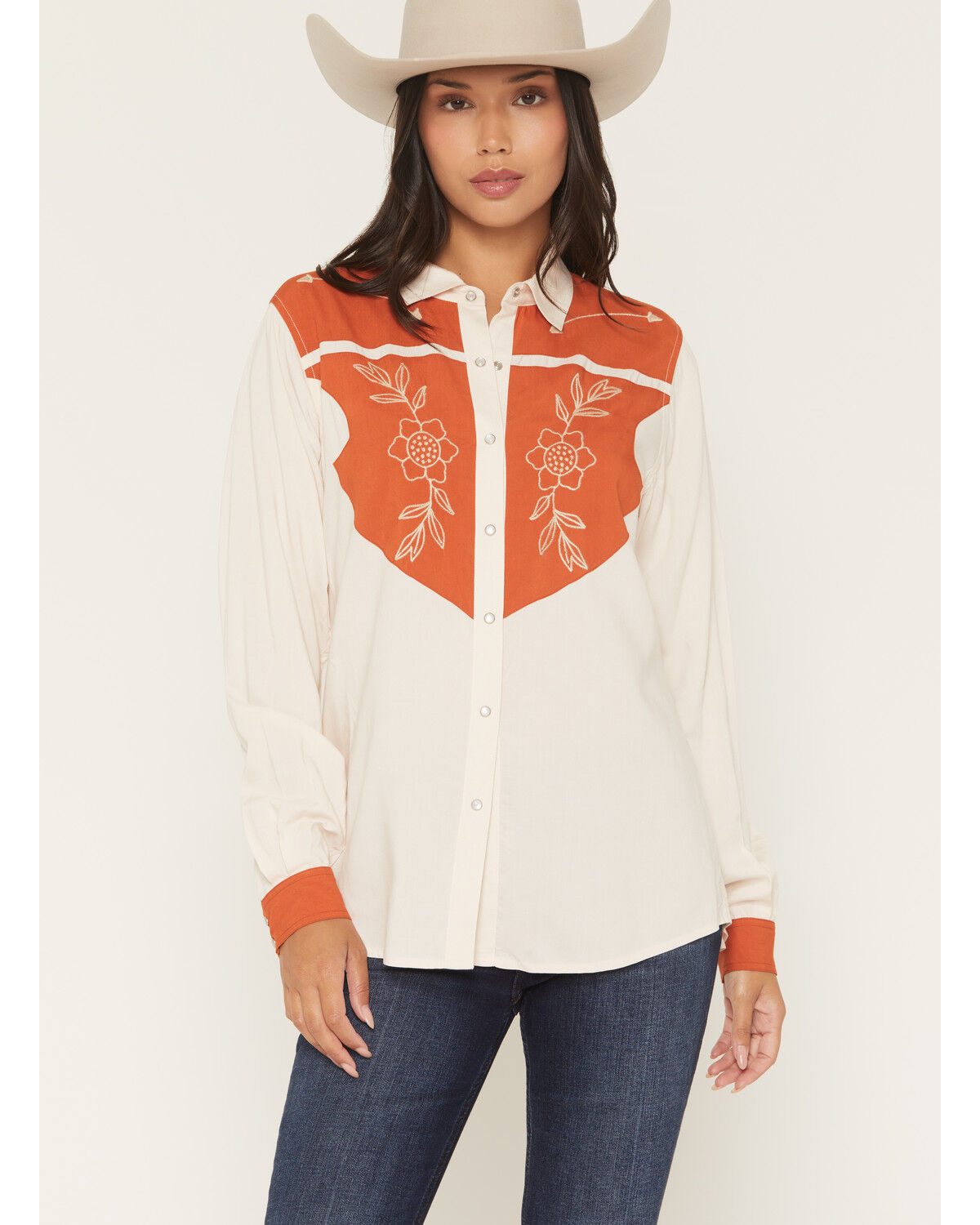 Image #1 - Panhandle Slim Women's Floral Embroidery Long Sleeve Snap Western Shirt, Beige, hi-res