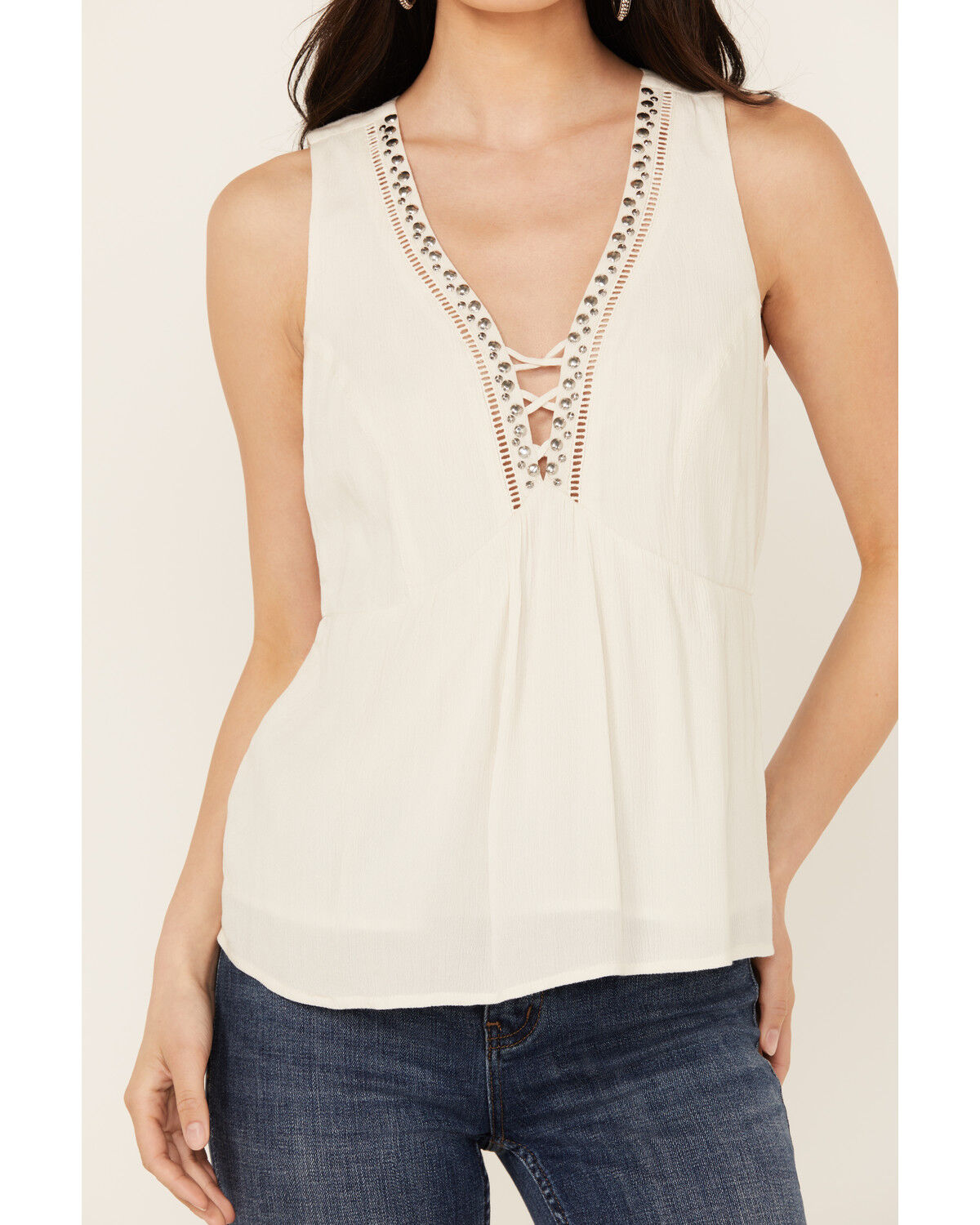Image #3 - Idyllwind Women's Spruce Criss Cross Front Embellished Tank, Ivory, hi-res