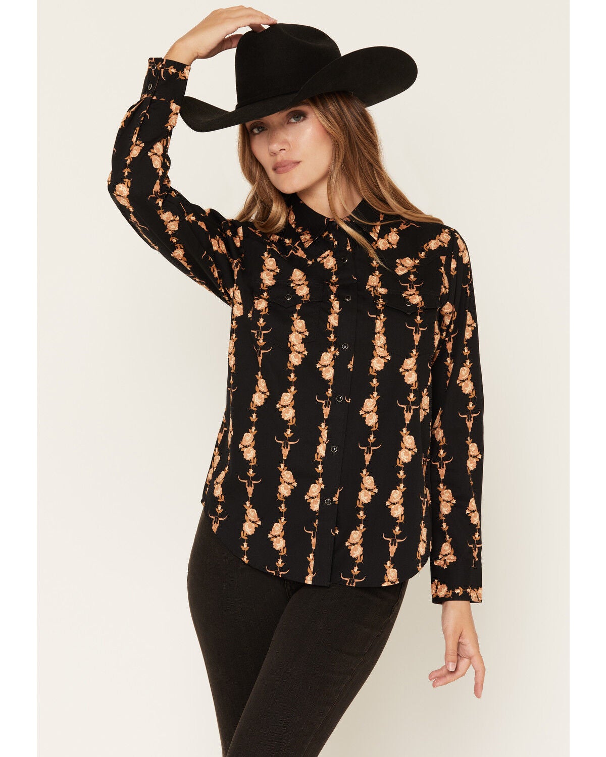 Ely & Walker Women's Boot Barn Exclusive Floral Striped Long Sleeve Snap Western Shirt, Black, hi-res