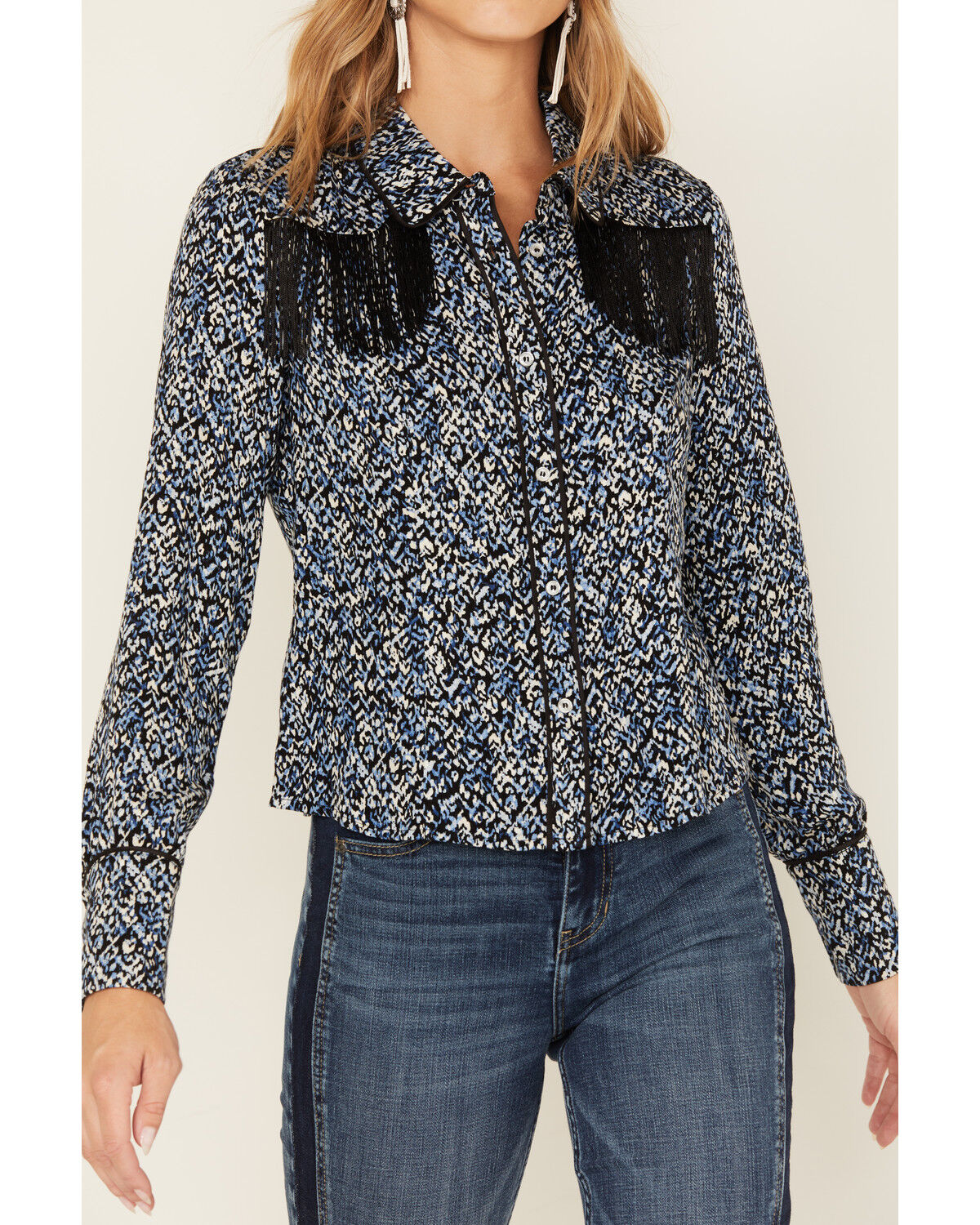 Image #3 - Idyllwind Women's Brooks Print Fringe Long Sleeve Button Down Shirt, Navy, hi-res