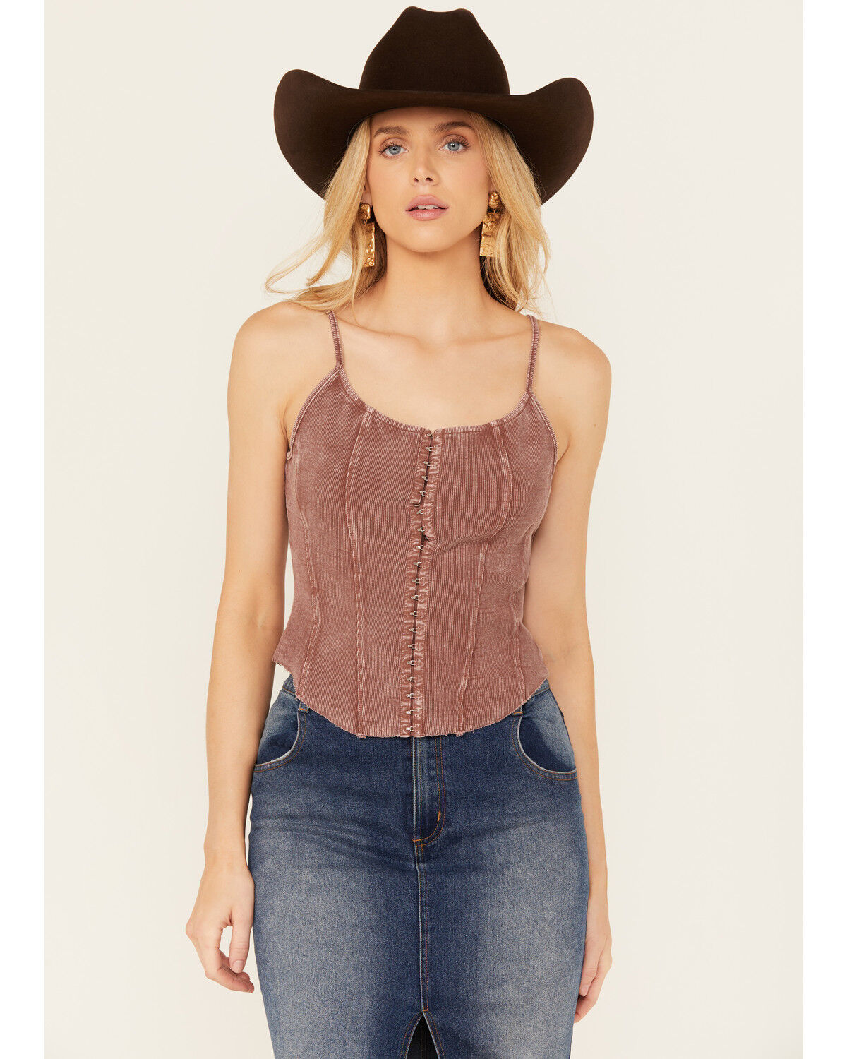 Image #1 - Rock & Roll Denim Women's Sleeveless Ribbed Corset Tank, , hi-res