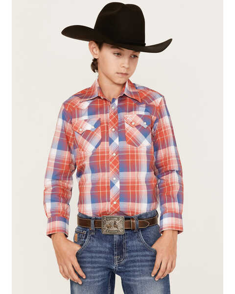 Wrangler Retro Boys' Plaid Print Long Sleeve Western Snap Shirt , Red, hi-res