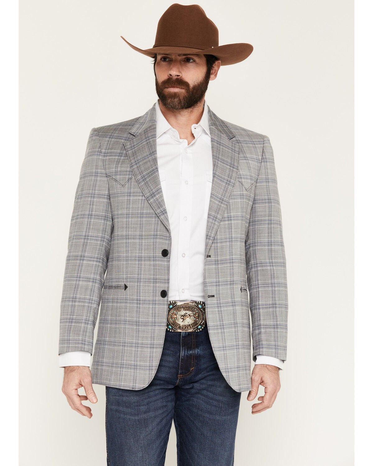 Circle S Men's Carson City Plaid Print Button-Down Sportcoat, Light Grey, hi-res