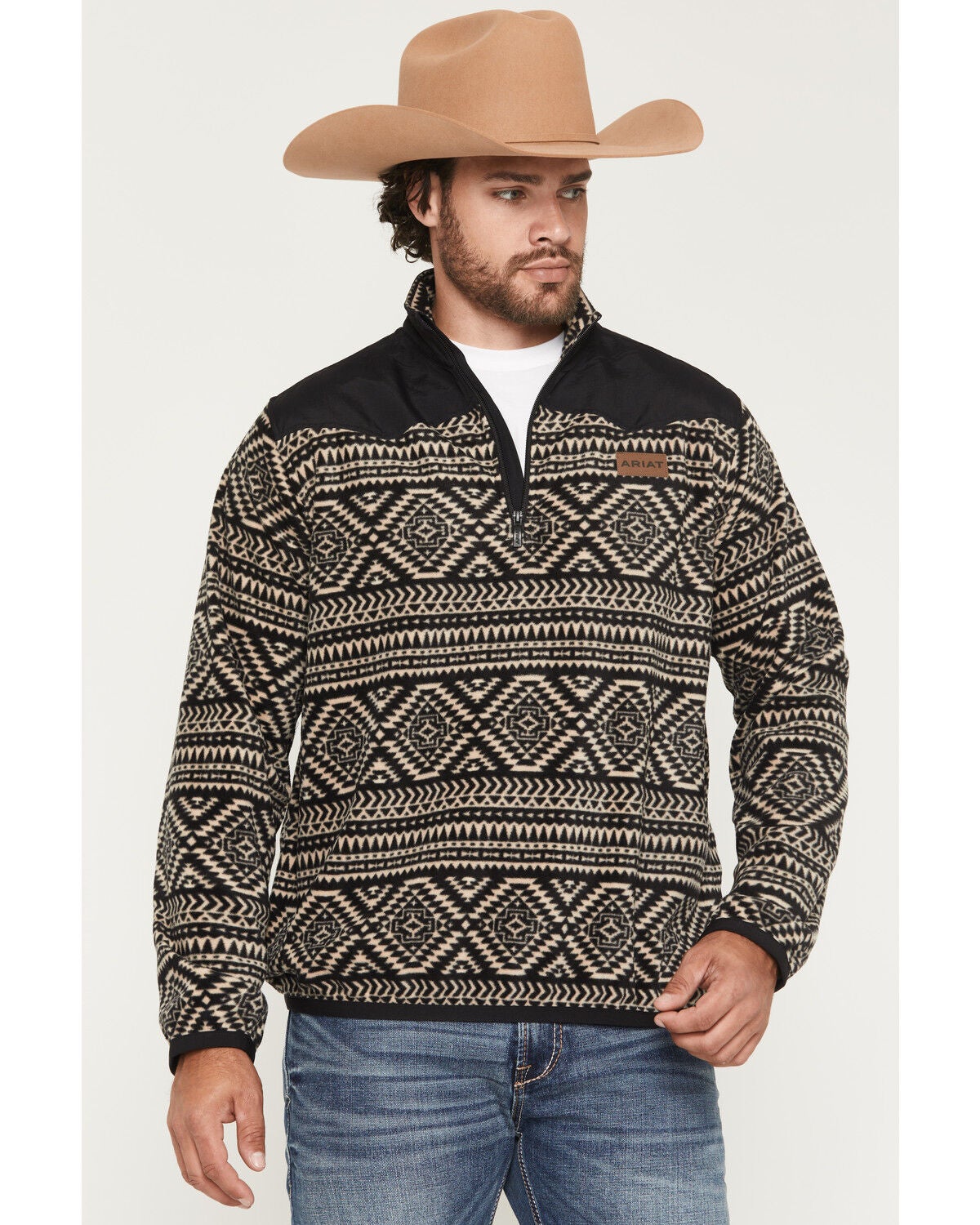 Ariat Men's Basis Southwest 1/4 Zip-Up Fleece Pullover, Black, hi-res