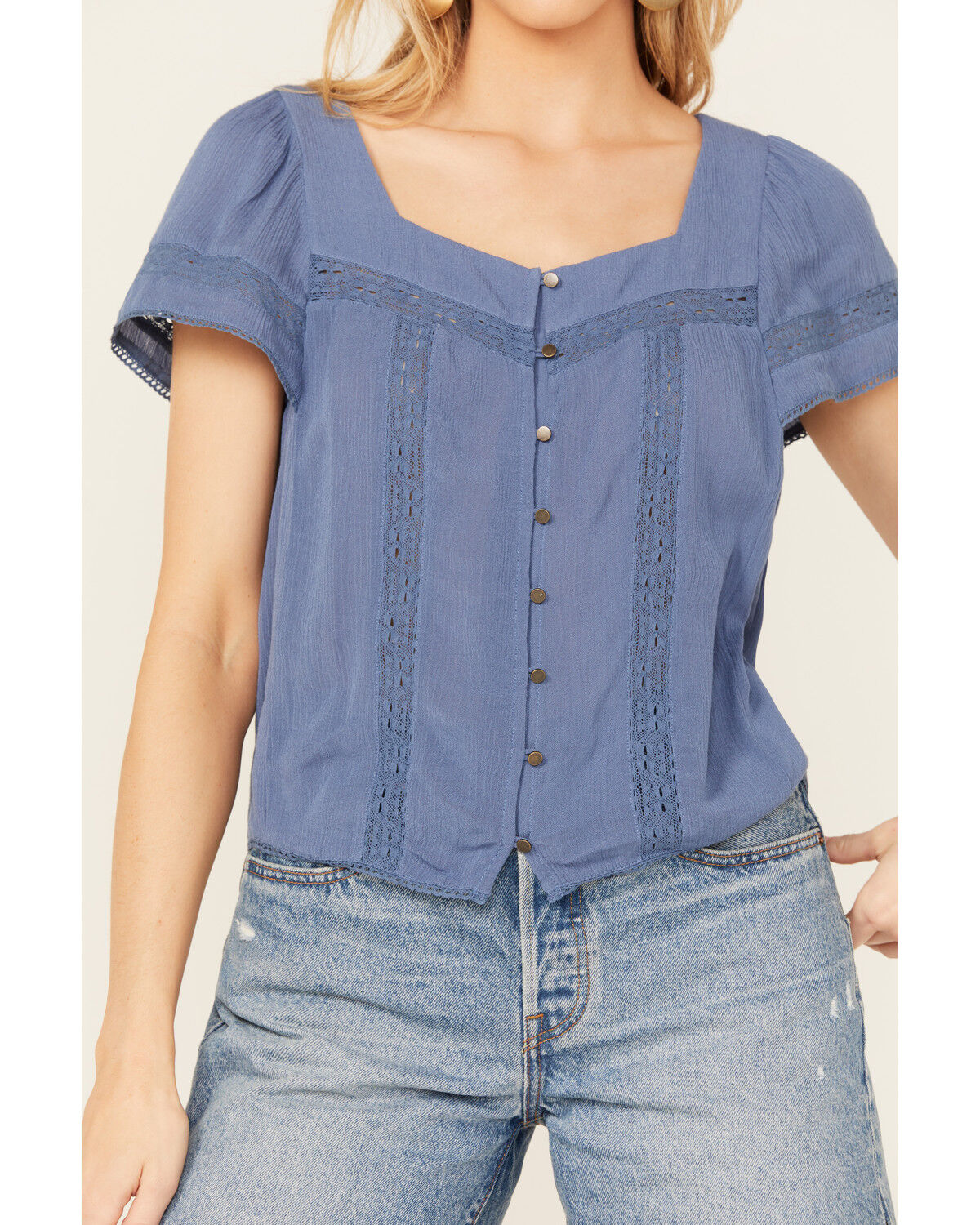 Image #3 - Jolt Women's Peasant Short Sleeve Button-Down Shirt, Navy, hi-res