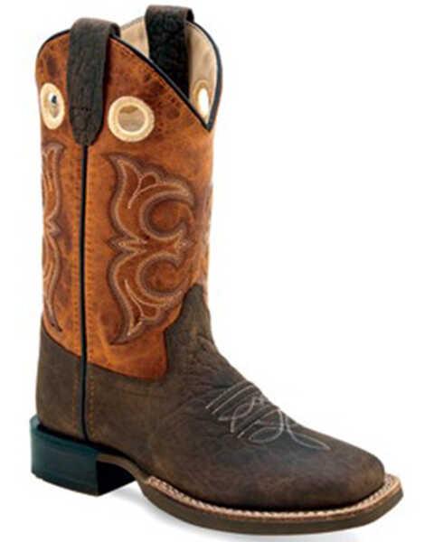 Old West Boys' Bull Hide Print Western Boots - Broad Square Toe, Mustard, hi-res