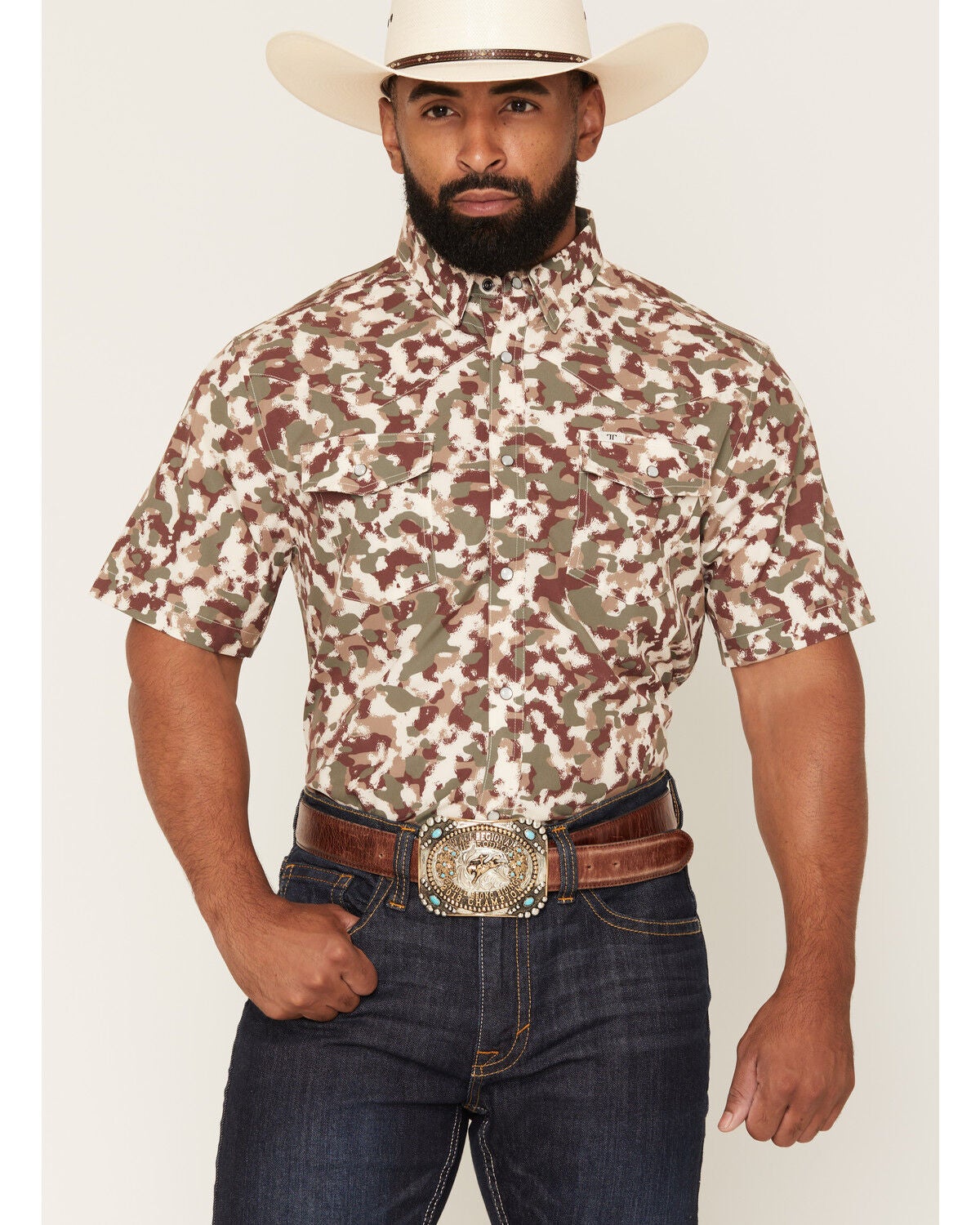 Ferrell Men's Tek Camo Print Short Sleeve Pearl Snap Stretch Performance Western Shirt, Brown, hi-res