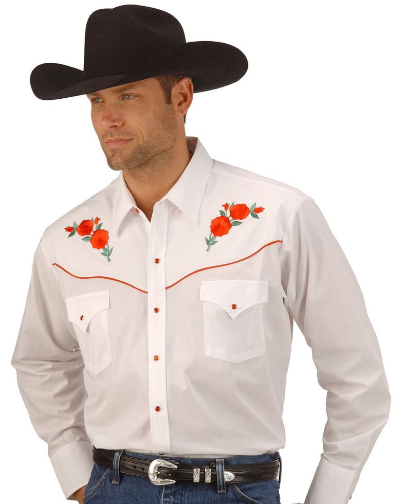 Ely Walker Men's Solid Embroidered Rose Long Sleeve Western Shirt, White, hi-res