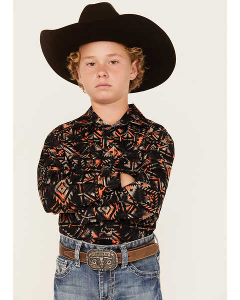 Rock & Roll Denim Boys' Southwestern Print Long Sleeve Snap Shirt, Black, hi-res
