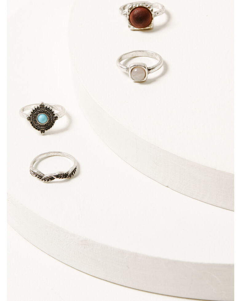 Shyanne Women's 4-piece Silver & Turquoise Wooden Ring Set, Silver, hi-res