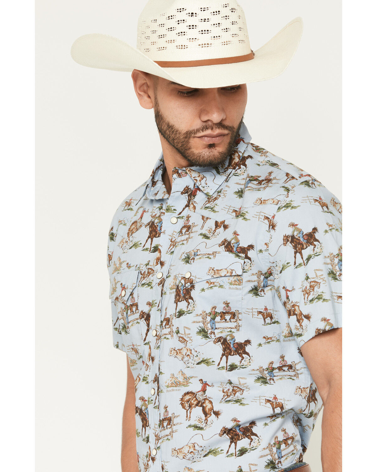 Image #2 - Pendleton Men's Laramie Wild Horse Print Short Sleeve Snap Western Shirt, Blue, hi-res