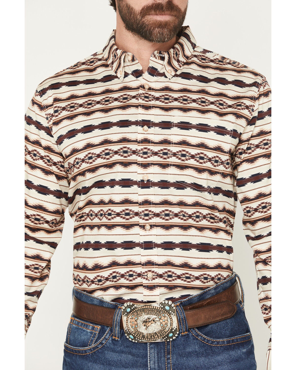 Image #3 - Cody James Men's Maverick Southwestern Print Long Sleeve Button-Down Stretch Western Shirt, Cream, hi-res