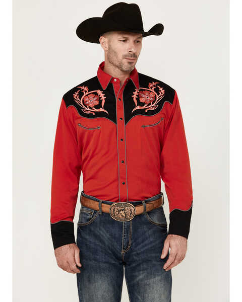 Image #1 - Scully Men's Floral Embroidered Long Sleeve Snap Western Shirt , Red, hi-res
