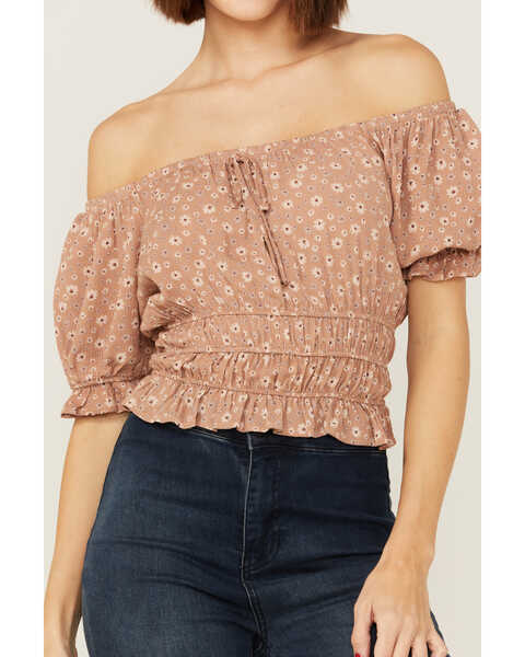 Image #2 - Wild Moss Women's Plush Daisy Off The Shoulder Ruched Top, Blush, hi-res