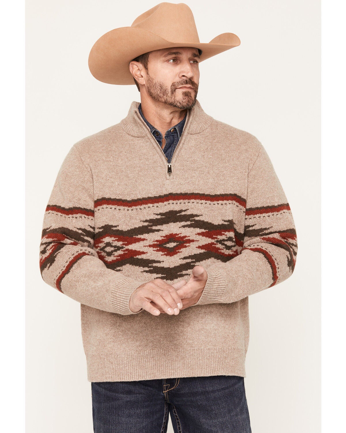 Pendleton Men's Crown Point 1/4 Zip Sweater, Tan, hi-res