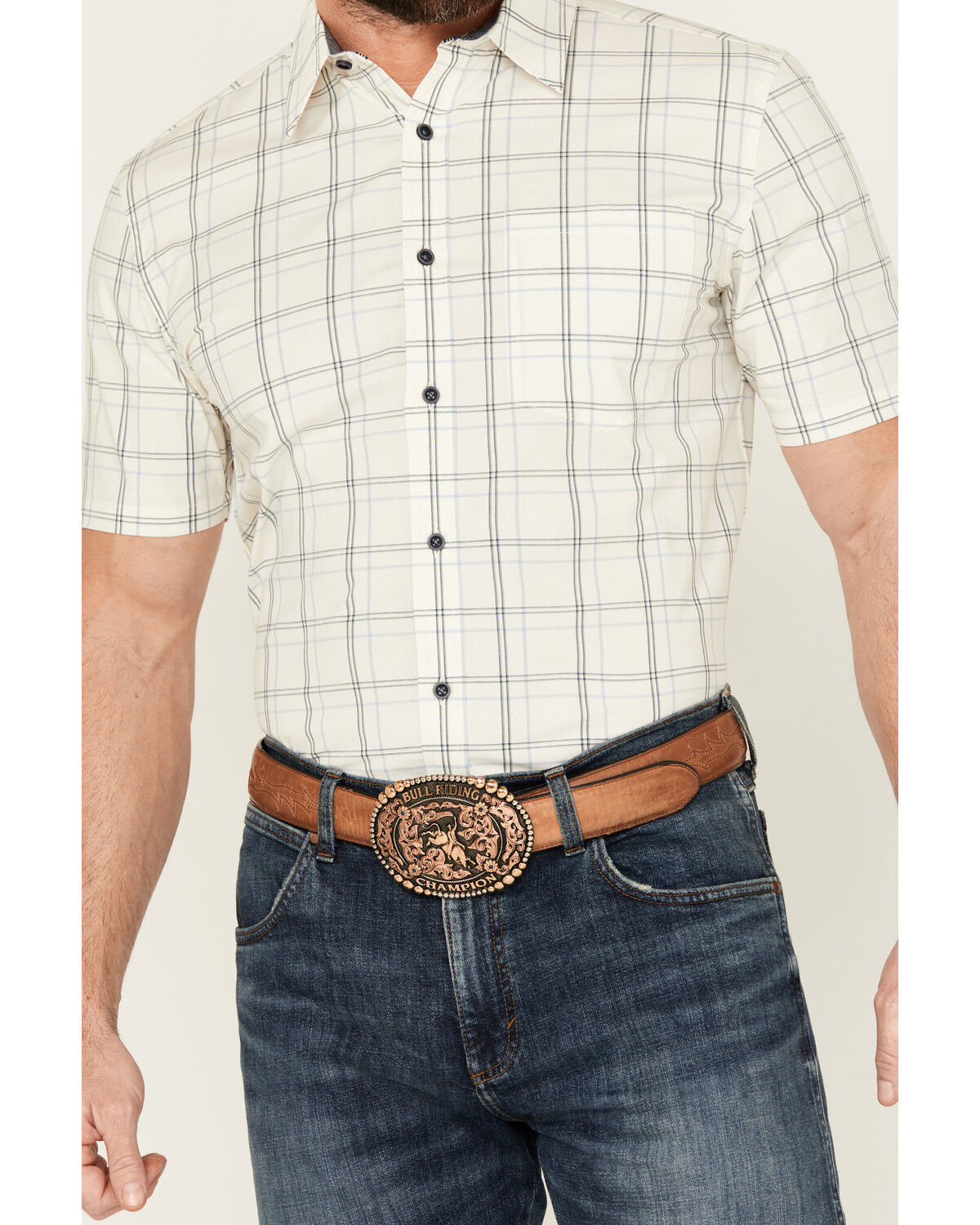 Image #3 - Cody James Men's Open Field Plaid Print Short Sleeve Button-Down Stretch Western Shirt, Ivory, hi-res