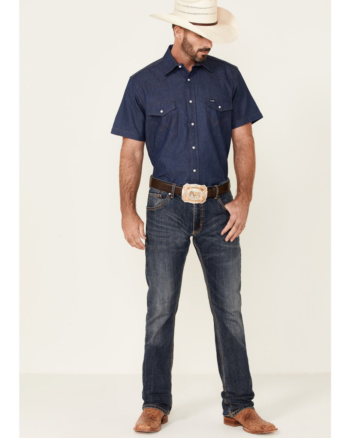 Image #2 - Wrangler Men's Cowboy Cut&reg; Firm Finish Denim Short Sleeve Snap Western Work Shirt, Navy, hi-res