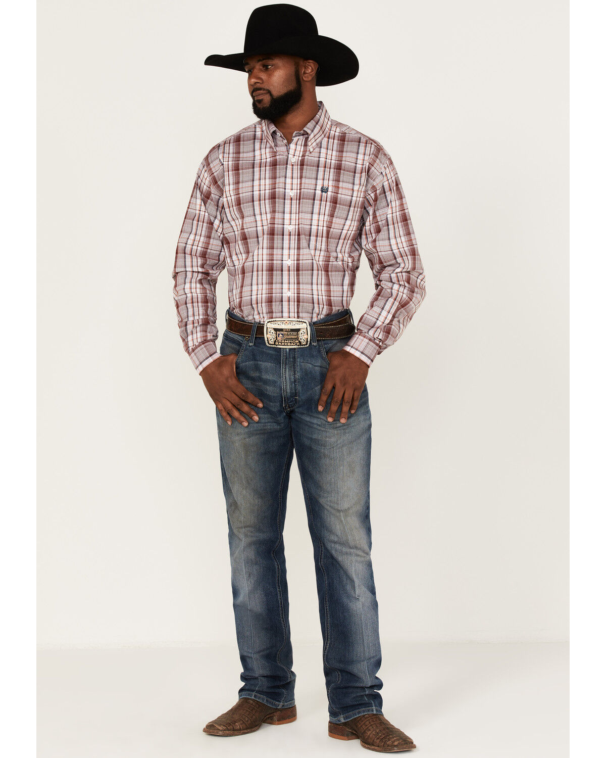 Cinch Men's Stretch Red & White Plaid Long Sleeve Button