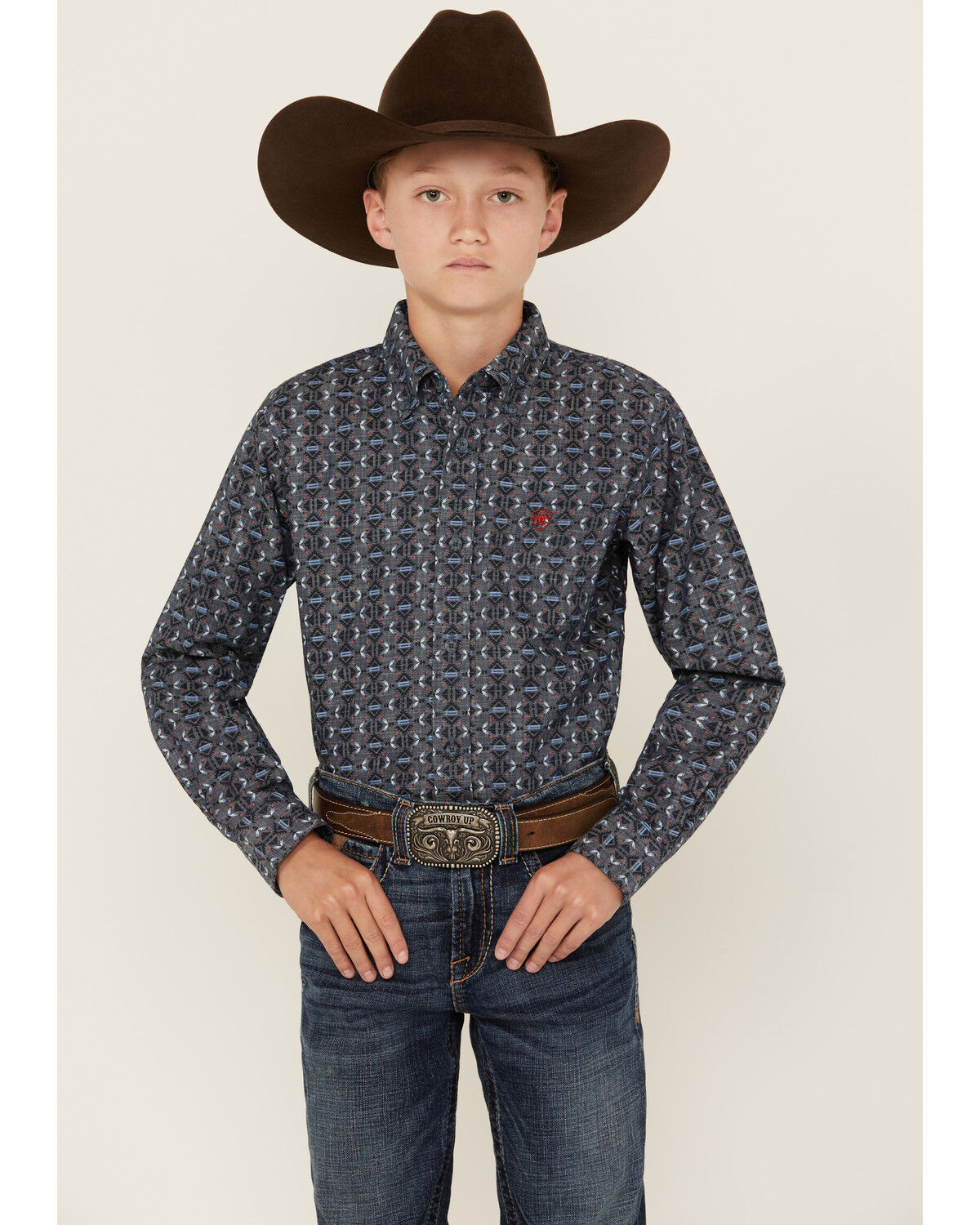 Image #1 - Ariat Boys' Classic Southwestern Print Long Button-Down Western Shirt, Blue, hi-res