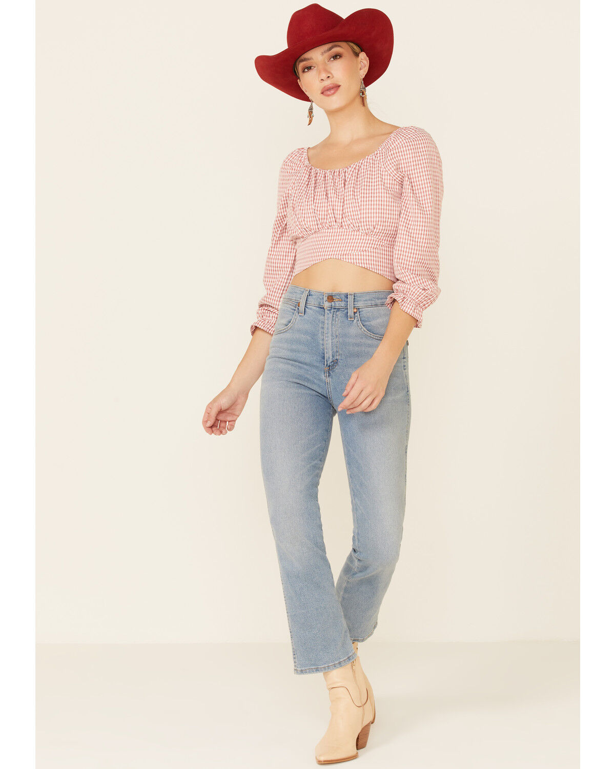 Image #2 - Beyond The Radar Women's Gingham Print Tie Back Crop Top, Rust Copper, hi-res