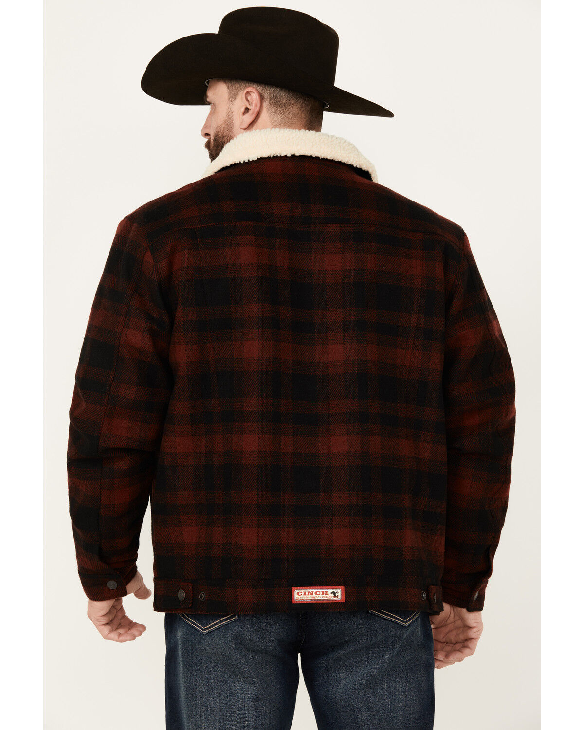 Image #4 - Cinch Men's Plaid Print Sherpa Lined Trucker Jacket, Red, hi-res