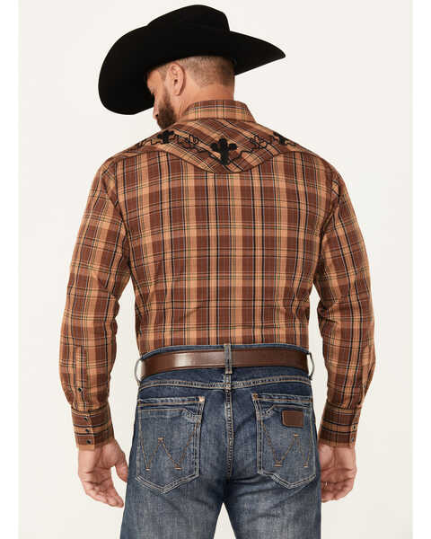 Image #4 - Roper Men's Plaid Print Embroidered Long Sleeve Snap Western Shirt, Brown, hi-res