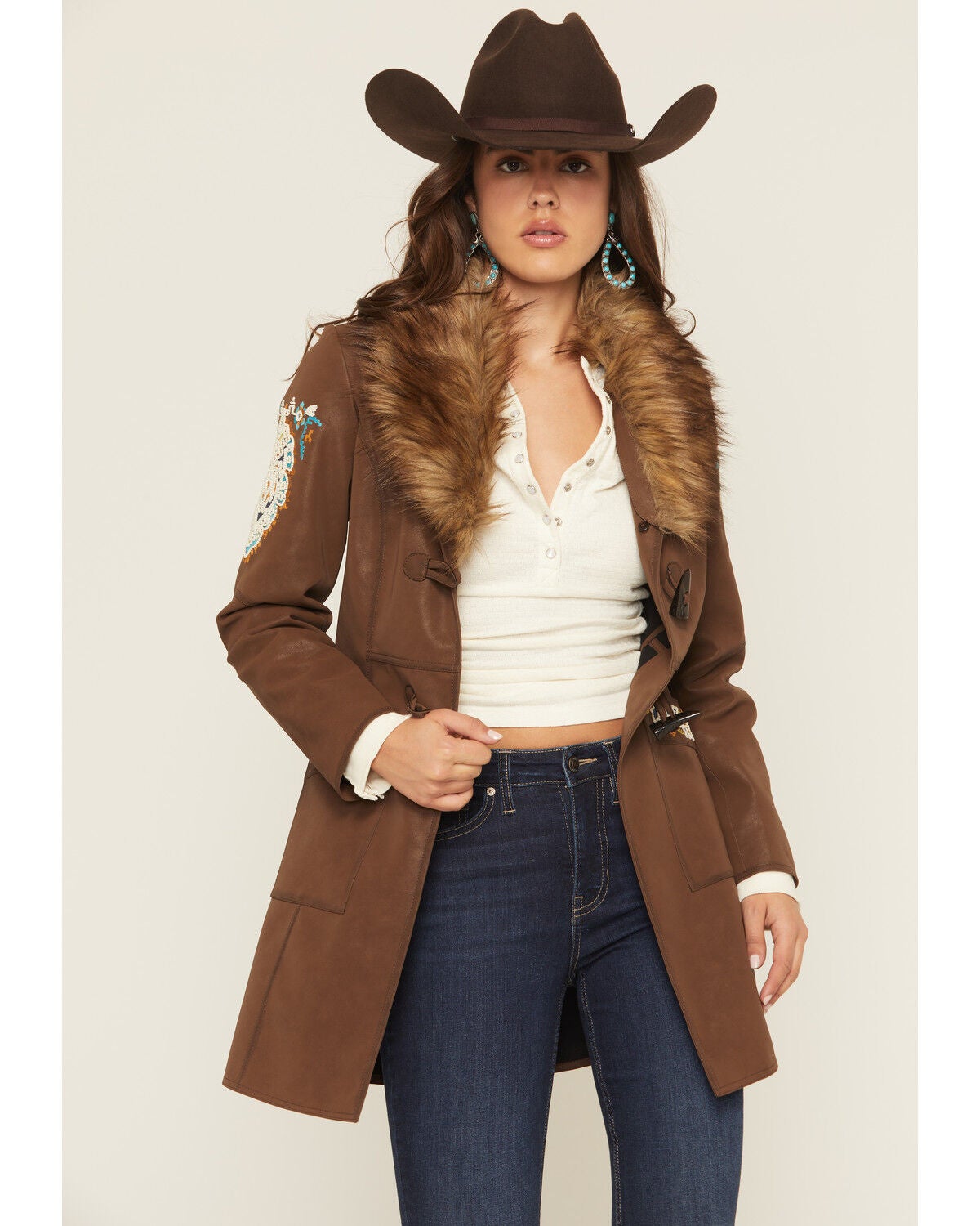 Image #1 - Shyanne Women's Faux Leather Fur Collar Embroidered Coat, Brown, hi-res