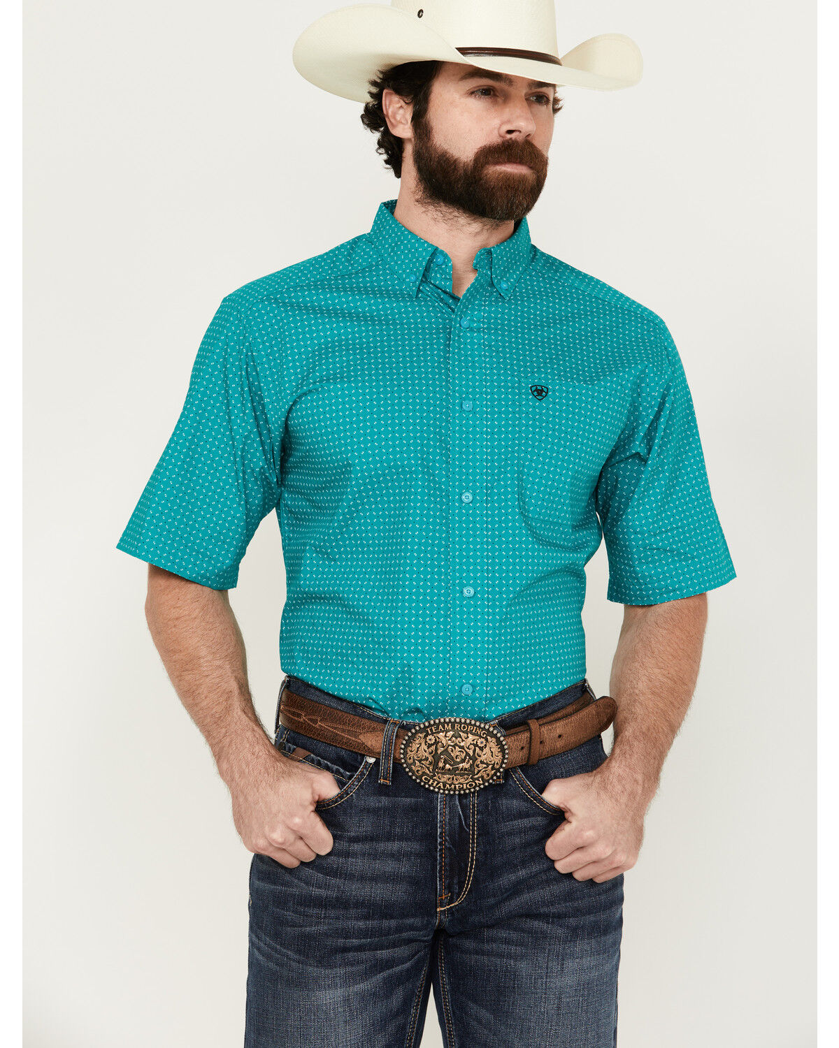 Image #1 - Ariat Men's Judd Geo Print Short Sleeve Button-Down Western Shirt, Turquoise, hi-res