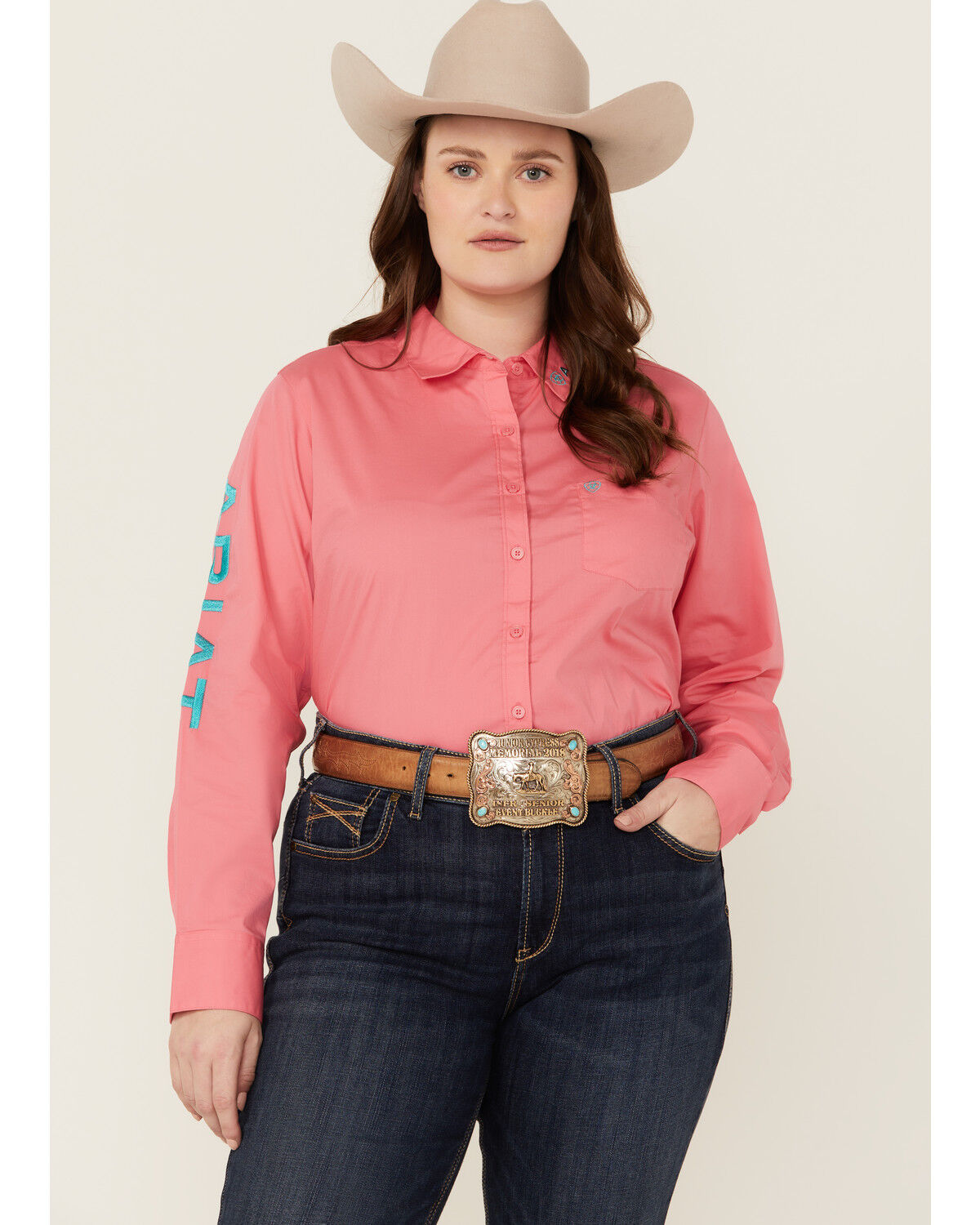 Image #1 - Ariat Women's Team Kirby Wrinkle Resistant Long Sleeve Button-Down Stretch Western Shirt - Plus, Bright Pink, hi-res