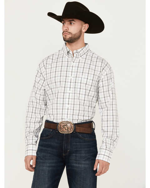 Image #1 - George Strait by Wrangler Men's Plaid Print Long Sleeve Button-Down Stretch Western Shirt , White, hi-res