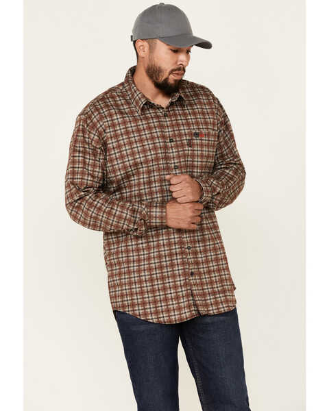 Image #1 - Cinch Men's FR Plaid Print Lightweight Long Sleeve Work Shirt , Brown, hi-res