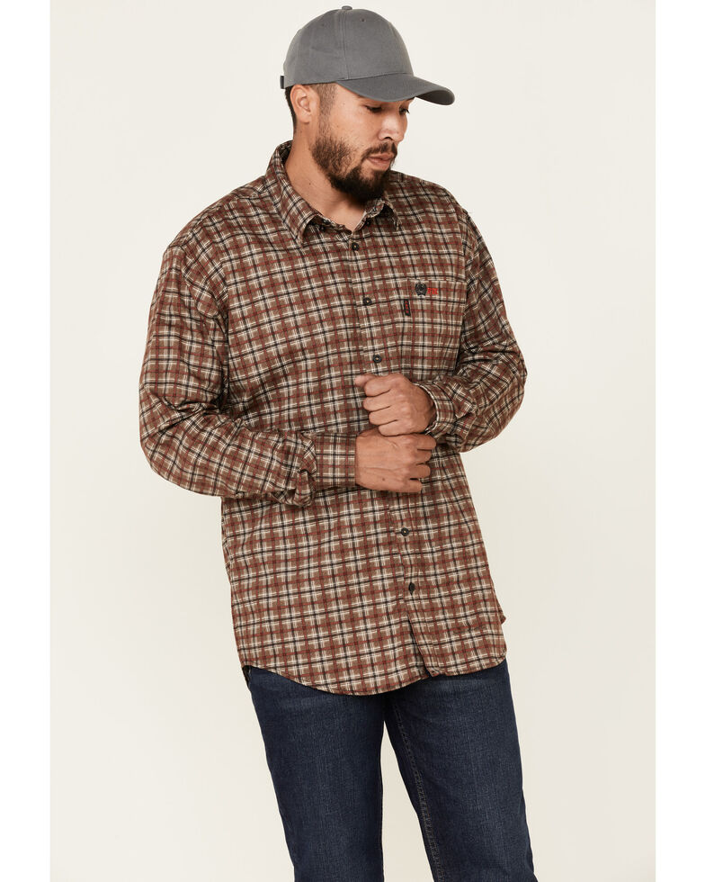 Cinch Men's FR Brown Plaid Lightweight Long Sleeve Work Shirt , Brown, hi-res
