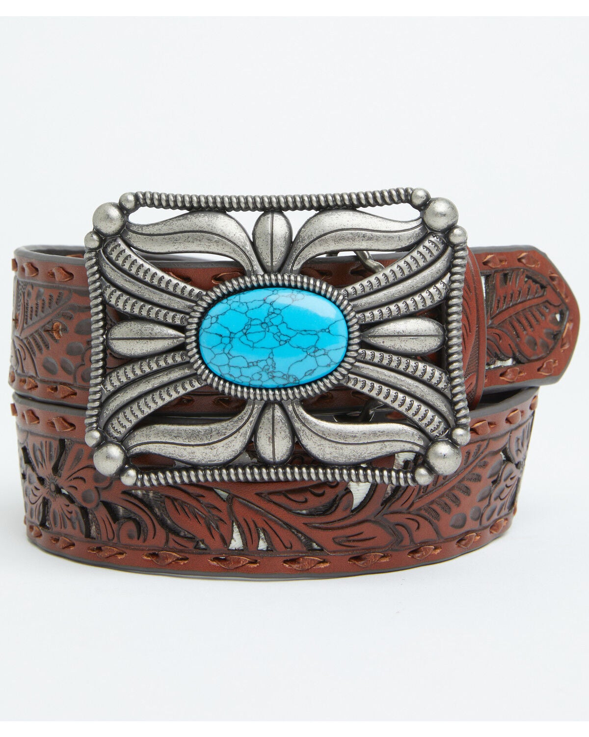 Image #1 - Shyanne Women's Indiana Inlay Filigree Leather Buckle Belt, Brown, hi-res