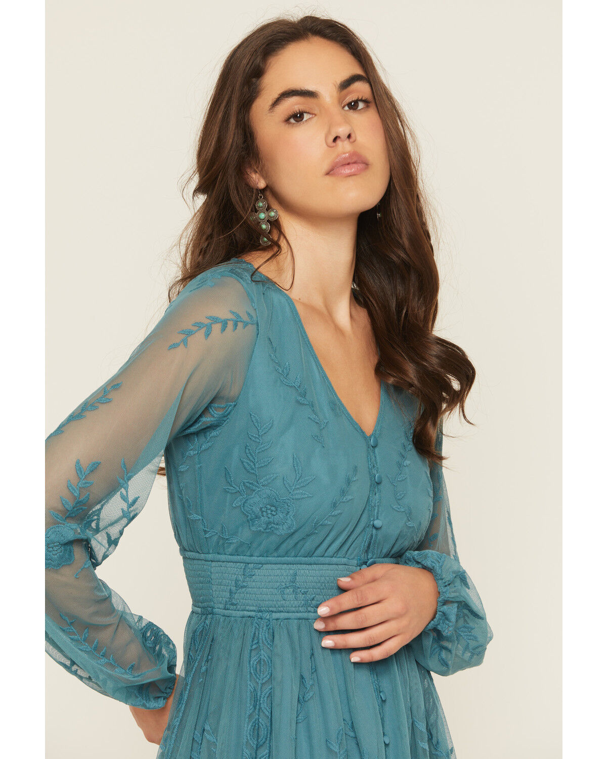 Image #2 - Shyanne Women's Embroidered Mesh Long Sleeve Button Front Mini Dress, Turquoise, hi-res