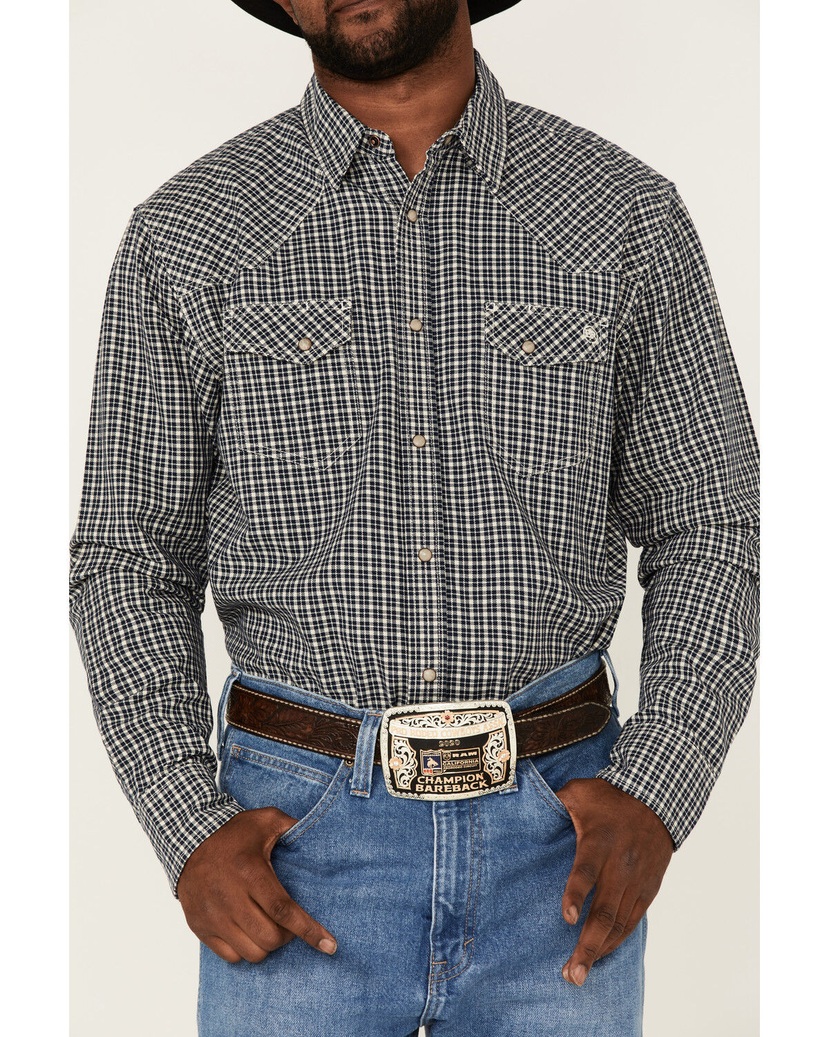 Image #4 - Blue Ranchwear Men's Small Plaid Long Sleeve Snap Western Shirt, Navy, hi-res