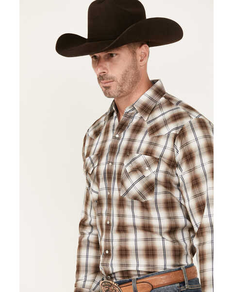 Image #2 - Ely Walker Men's Plaid Print Long Sleeve Pearl Snap Western Shirt, Brown, hi-res