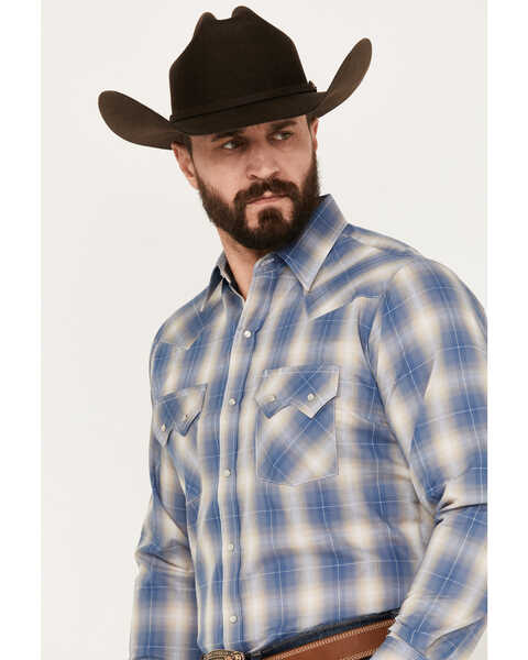 Ely Walker Men's Plaid Print Long Sleeve Pearl Snap Western Shirt - Tall, Blue, hi-res