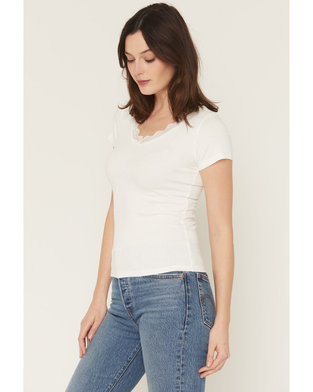 Image #2 - Blue Life Women's Lana Basic Lace V Neck Shirt, White, hi-res