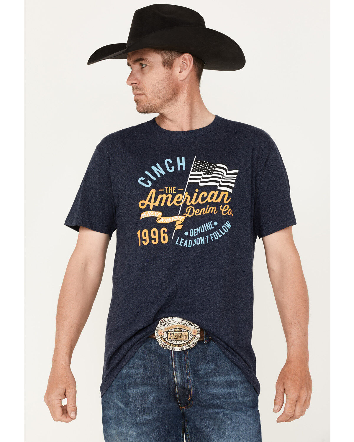 Image #1 - Cinch Men's American Heather Navy Logo Flag Graphic Short Sleeve T-Shirt, Navy, hi-res