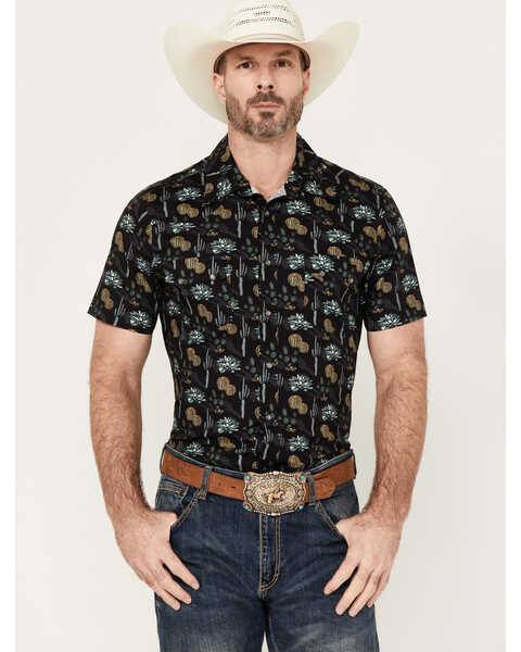 Rock & Roll Denim Men's Cactus Short Sleeve Western Snap Shirt, Black, hi-res