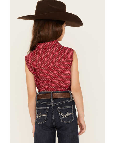 Image #4 - Ely Walker Girls' Geo Print Sleeveless Pearl Snap Western Shirt, Red, hi-res
